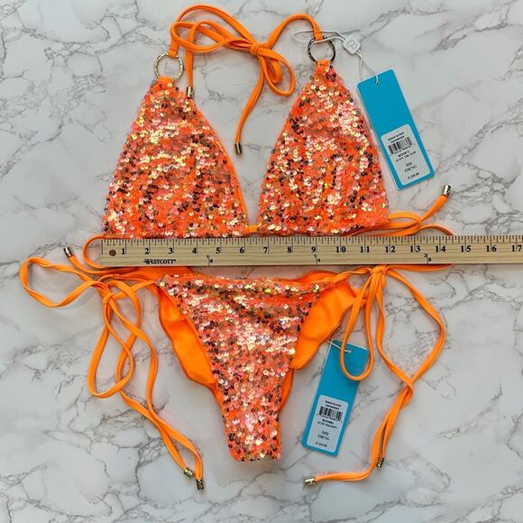 Beach Bunny Orange Icon Triangle Top DD & Icon Tie Side Skimpy Bottom M $250 - Picture 11 of 12